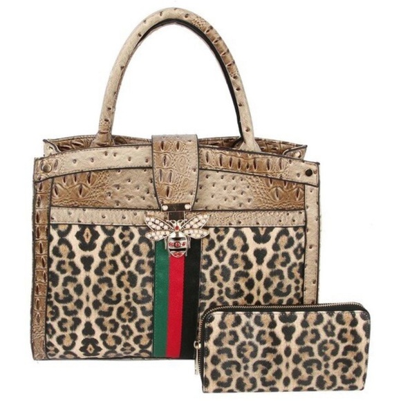 Elegant Leopard Print and Gold Satchel Set - Picture 1 of 8